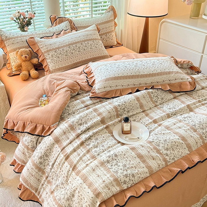 91家纺网 家纺一手货源 找家纺 韩约家纺 2025新款1针织棉皱皱纱床单款夏凉被春秋被冬被四件套 陌上花