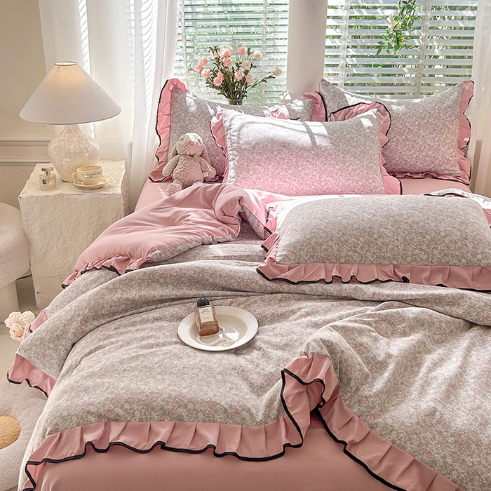 91家纺网 家纺一手货源 找家纺 韩约家纺 2025新款1针织棉皱皱纱床单款夏凉被春秋被冬被四件套 雾里花