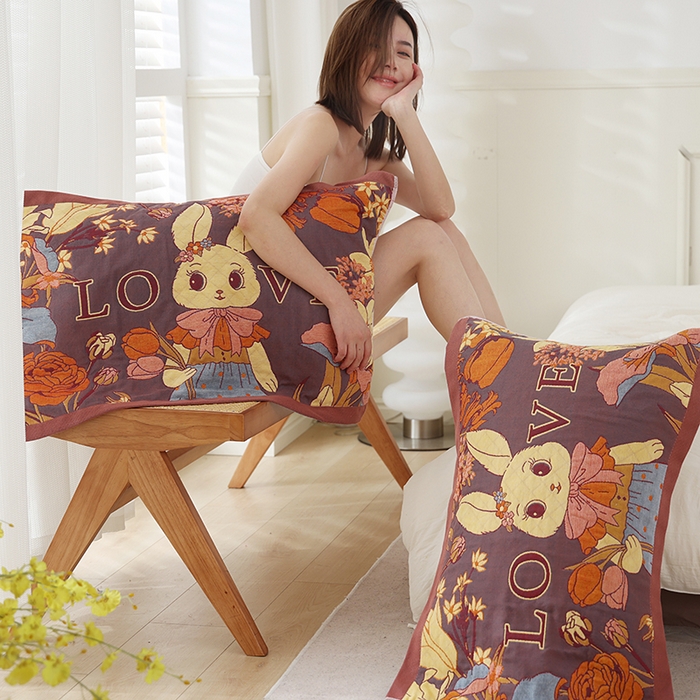 91家纺网 家纺一手货源 找家纺 朴尔家纺-毛巾被 2024新款色织定位提花纯棉四层纱布枕巾 爱情来临-咖