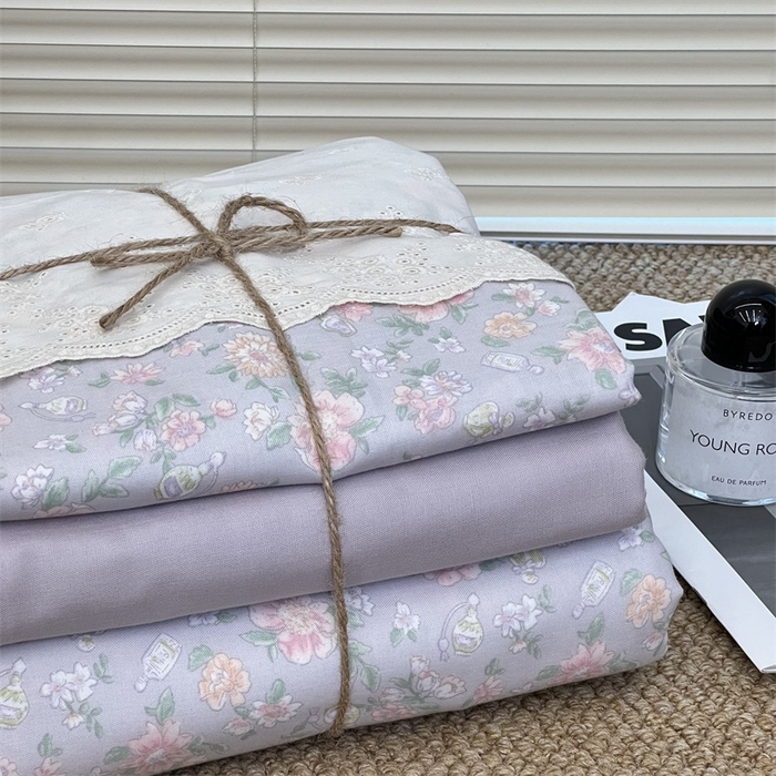 91家纺网 家纺一手货源 找家纺 2024新款全棉印花双层纱四件套--蕾丝花边款 栗馥 紫