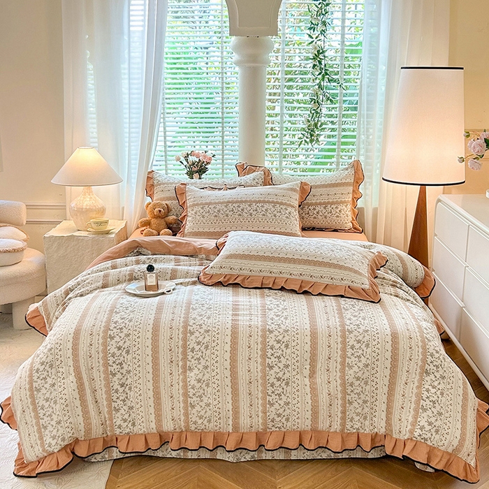 91家纺网 家纺一手货源 找家纺 韩约家纺 2025新款1针织棉皱皱纱床单款夏凉被春秋被冬被四件套 陌上花