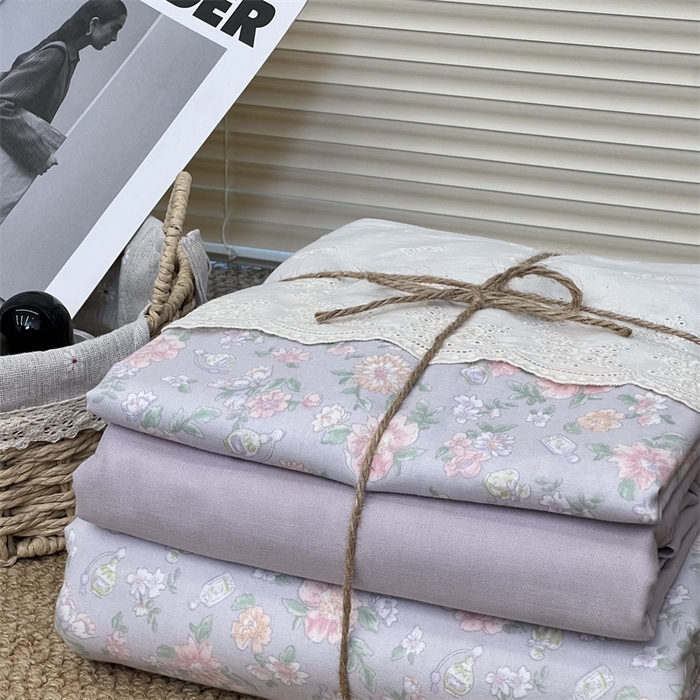 91家纺网 家纺一手货源 找家纺 2024新款全棉印花双层纱四件套--蕾丝花边款 栗馥 紫