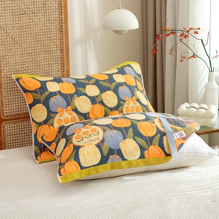 朴尔家纺-毛巾被 2024新款色织定位提花纯棉四层纱布枕巾 浪漫郁金香-藏青