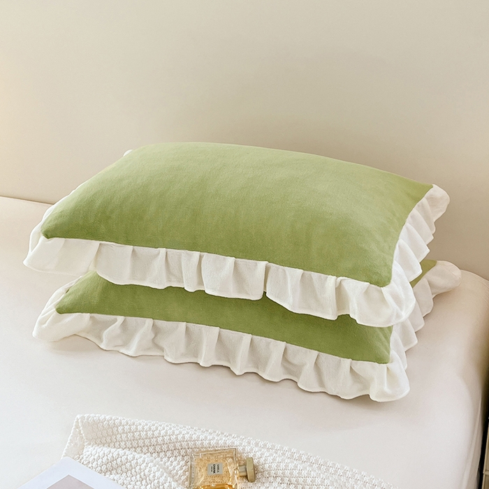 91家纺网 家纺一手货源 找家纺 梦舒羽 2025新款牛奶绒花枕套边单人宿舍法兰绒枕头套珊瑚绒枕芯套 青草绿