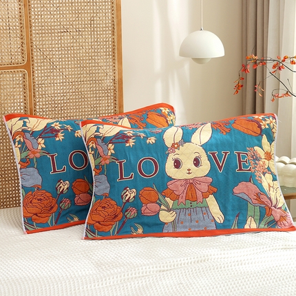 朴尔家纺-毛巾被 2024新款色织定位提花纯棉四层纱布枕巾 爱情来临-蓝