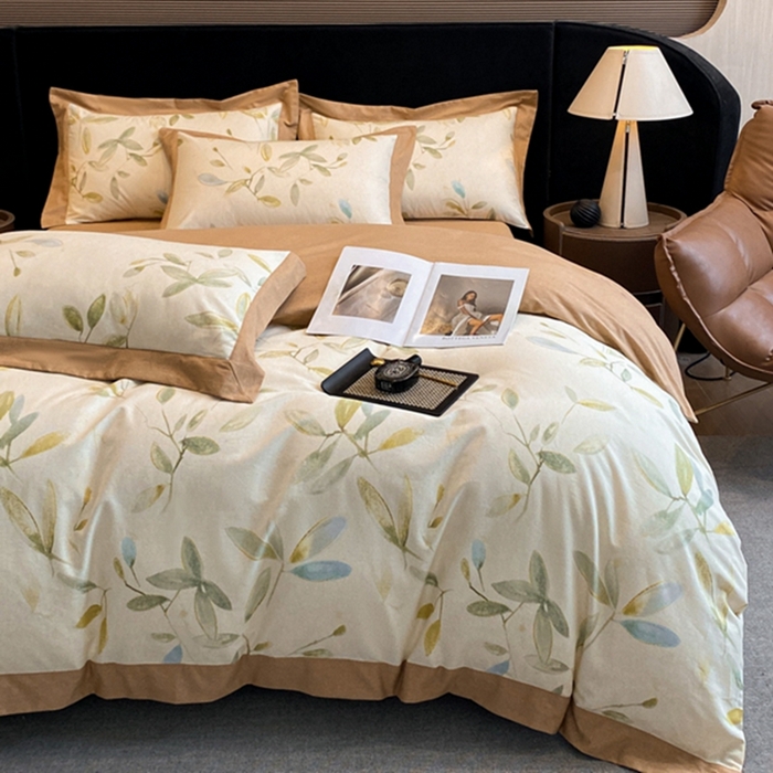 91家纺网 家纺一手货源 找家纺 慕晨 2024新款A类全棉贡缎磨毛数码印花高级宽边简奢款中高端四件套直播爆款 乐莹-米