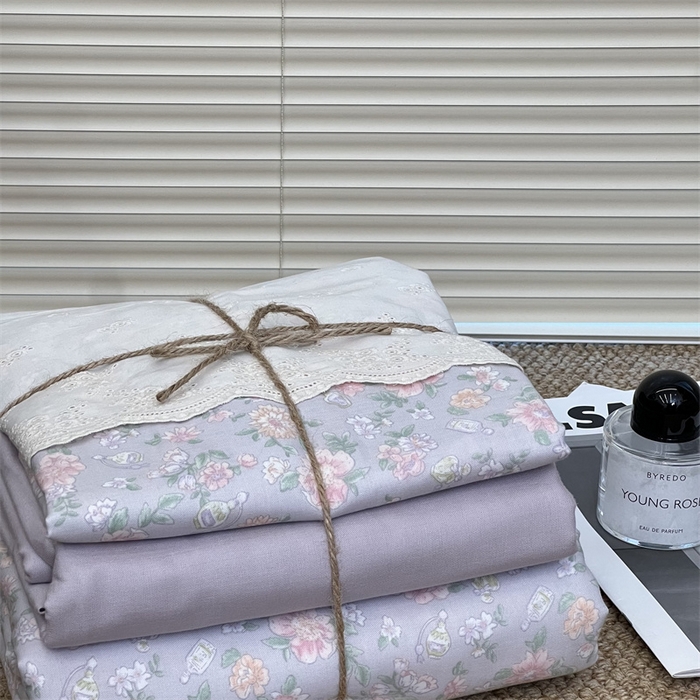 91家纺网 家纺一手货源 找家纺 2024新款全棉印花双层纱四件套--蕾丝花边款 栗馥 紫