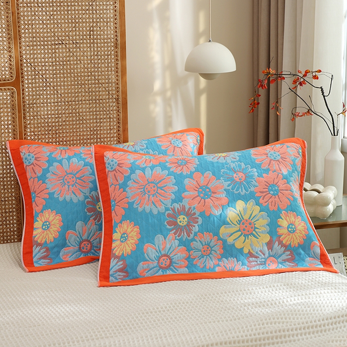 91家纺网 家纺一手货源 找家纺 朴尔家纺-毛巾被 2024新款全棉色织提花宽边定位四层纱布枕巾 春色满园-橘