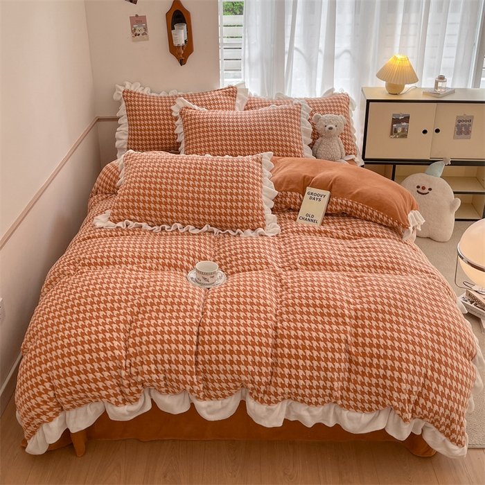 91家纺网 家纺一手货源 找家纺 星座家纺 2025新款千鸟格花边款牛奶绒四件套 千鸟格-焦糖