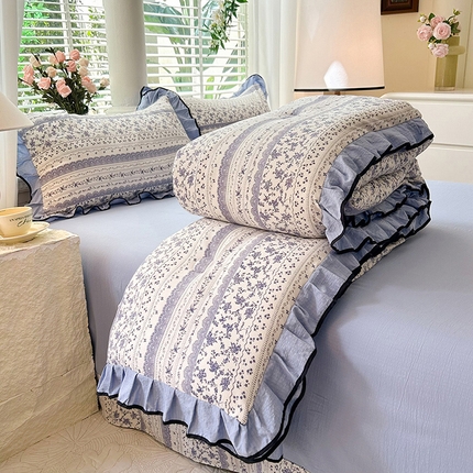 91家纺网 家纺一手货源 找家纺 韩约家纺 2025新款1针织棉皱皱纱床单款夏凉被春秋被冬被四件套 青花