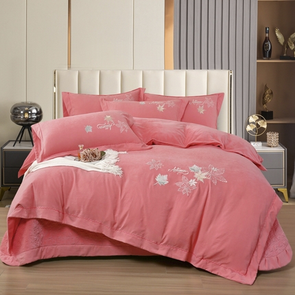 91家纺网 家纺一手货源 找家纺 OL家纺 2024新款双面可用床盖夹棉四件套-罗曼蒂克 西瓜红