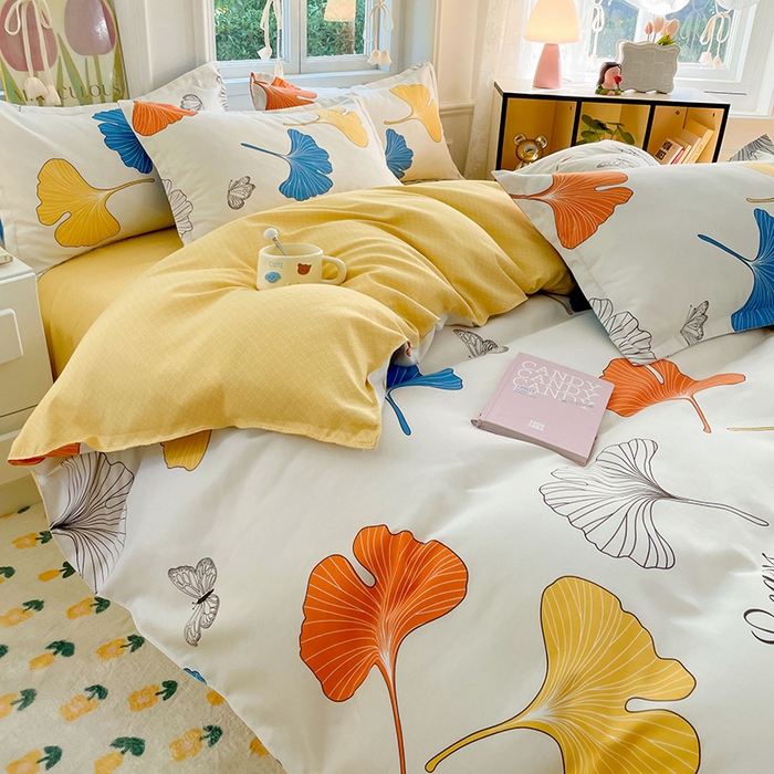 91家纺网 家纺一手货源 找家纺 世爵家纺 2025新款亲肤印花磨毛四件套 银杏叶