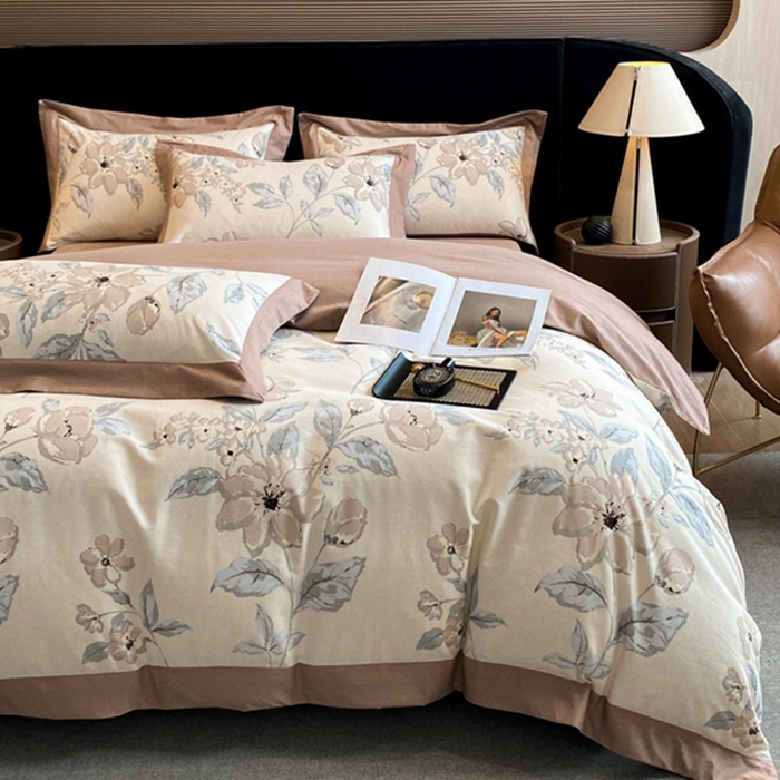 91家纺网 家纺一手货源 找家纺 慕晨 2024新款A类全棉贡缎磨毛数码印花高级宽边简奢款中高端四件套直播爆款 山竹月