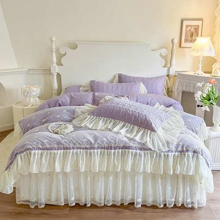 91家纺网 家纺一手货源 找家纺 网红馆 2025新款全棉床裙四件套-玫瑰花园 风信紫