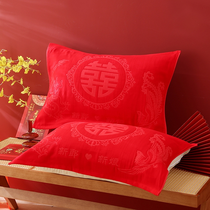 91家纺网 家纺一手货源 找家纺 2024新款全棉六层纱布大红色婚庆加厚透气枕巾52*78cm一对 龙凤呈祥