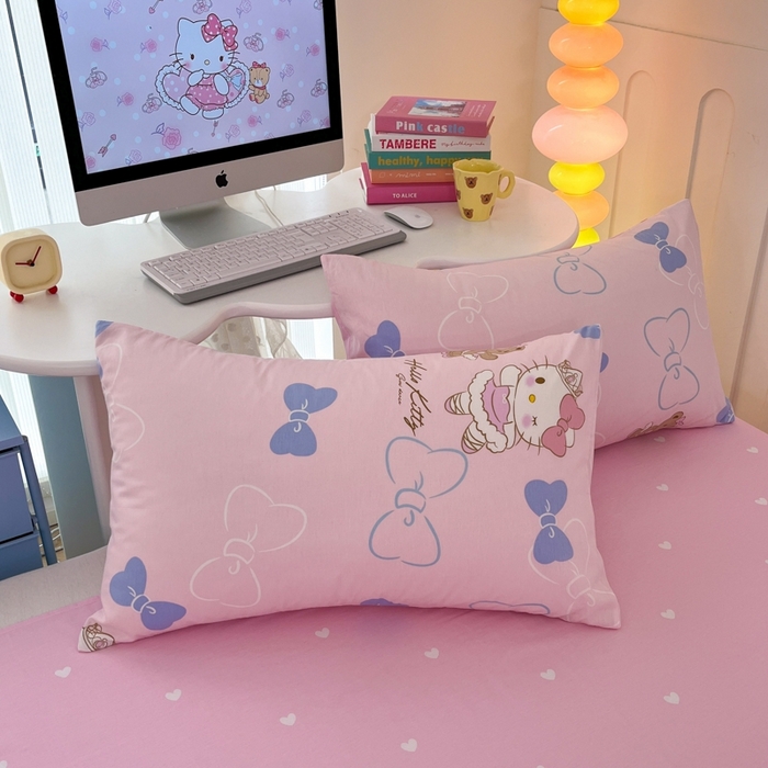 91家纺网 家纺一手货源 找家纺 曼之夏 2024新款全棉三丽鸥卡通四件套 蝴蝶结凯蒂