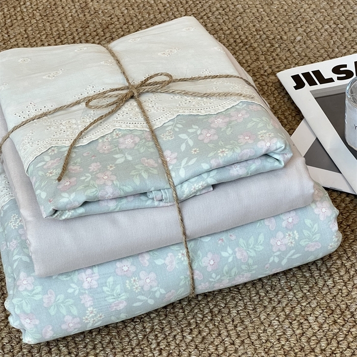 91家纺网 家纺一手货源 找家纺 2024新款全棉印花双层纱四件套--蕾丝花边款 枚栀