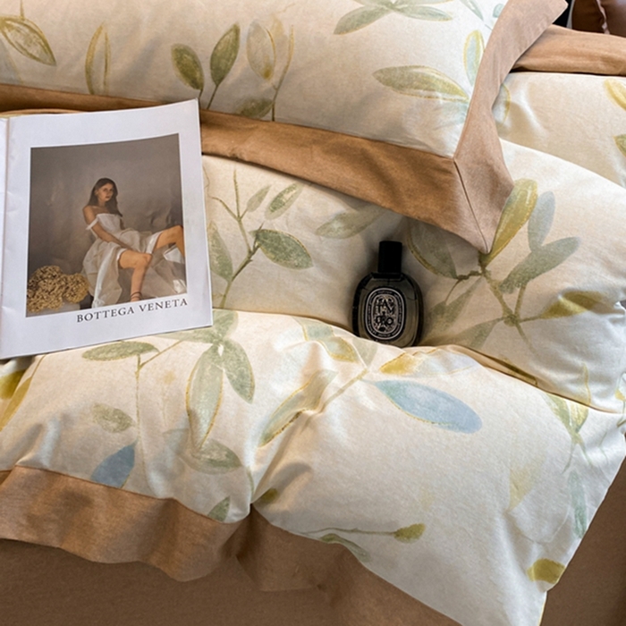 91家纺网 家纺一手货源 找家纺 慕晨 2024新款A类全棉贡缎磨毛数码印花高级宽边简奢款中高端四件套直播爆款 乐莹-米