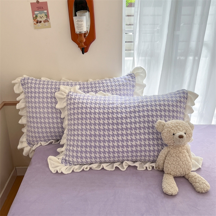 91家纺网 家纺一手货源 找家纺 星座家纺 2025新款千鸟格花边款牛奶绒四件套 千鸟格-浅紫