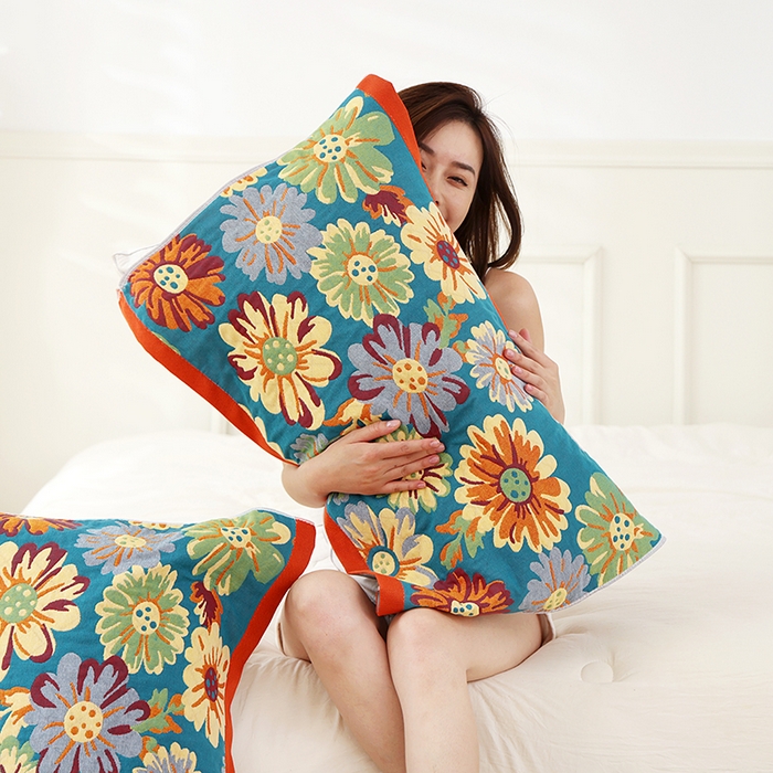 91家纺网 家纺一手货源 找家纺 朴尔家纺-毛巾被 2024新款色织定位提花纯棉四层纱布枕巾 油画花园-蓝