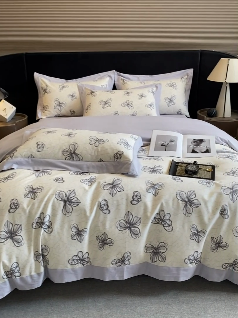 91家纺网 家纺一手货源 找家纺 慕晨 2024新款A类全棉贡缎磨毛数码印花高级宽边简奢款中高端四件套直播爆款 淡雅华花