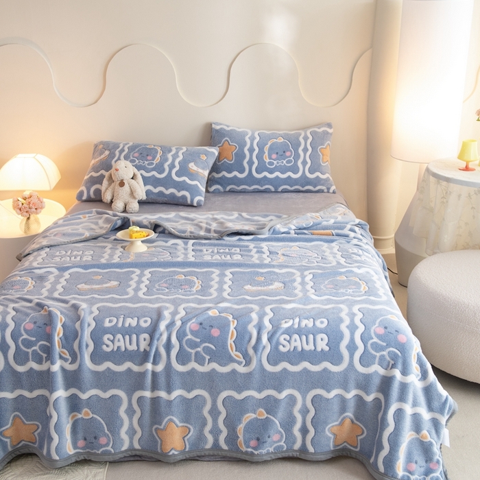 91家纺网 家纺一手货源 找家纺 慕梵家居 2024新款雪花绒多功能包边毛毯 恐龙蓝