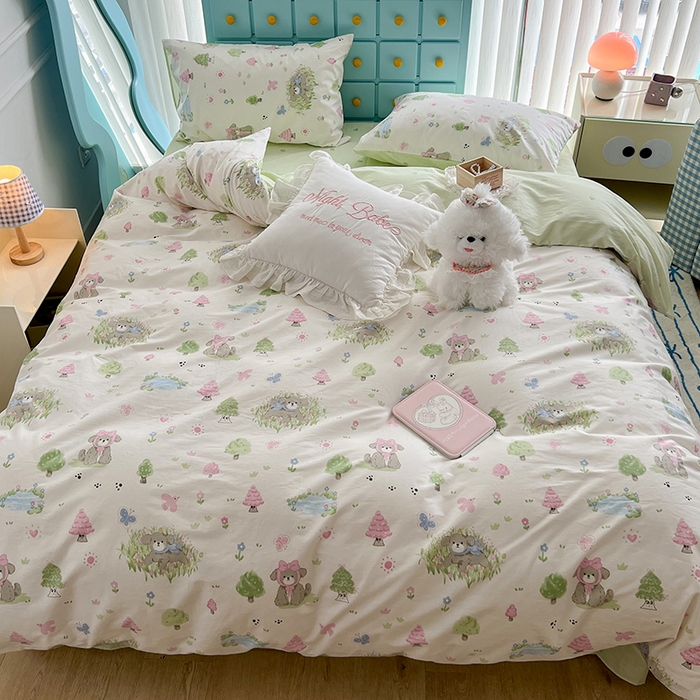 91家纺网 家纺一手货源 找家纺 昔可家纺 2024新款13372全棉亲肤四件套-小清新系列 奶芙小狗