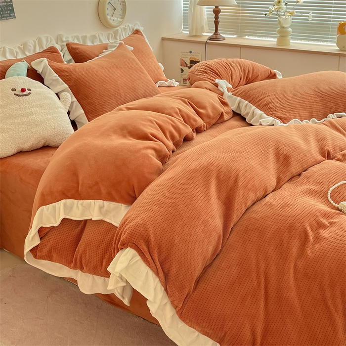 91家纺网 家纺一手货源 找家纺 星座家纺 2025新款华夫格花边款牛奶绒四件套 华夫格-亮橙