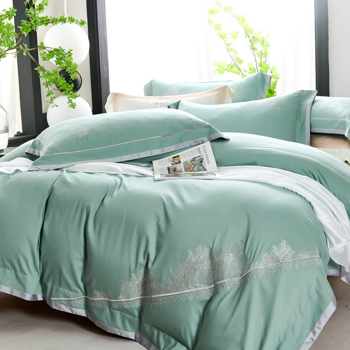 91家纺网 家纺一手货源 找家纺 U品汇 2024新品生态加厚长绒棉纯棉绣花100S全棉磨毛刺绣四件套高级50支双股 加州风情-松石绿