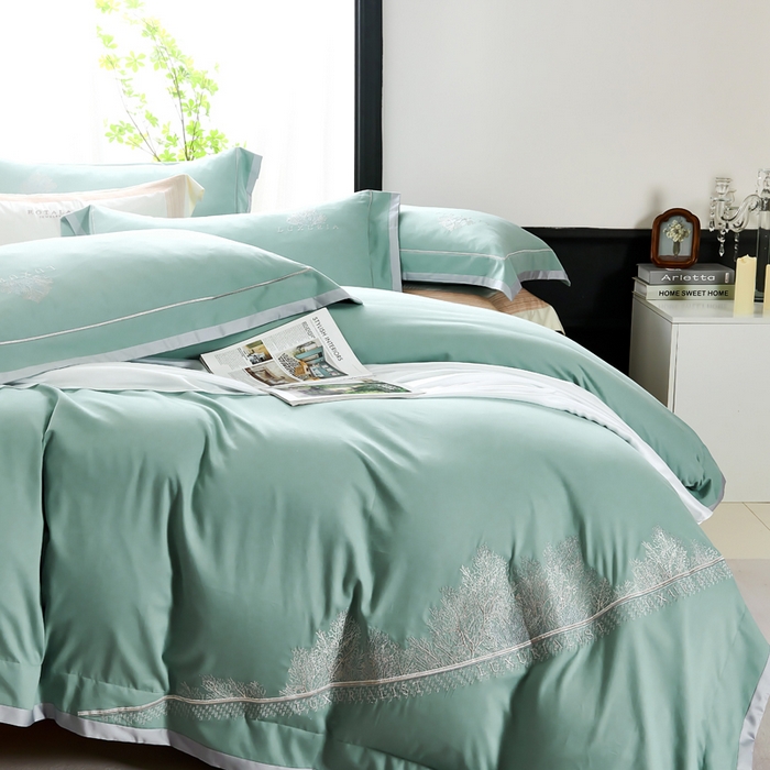 91家纺网 家纺一手货源 找家纺 U品汇 2024新品生态加厚长绒棉纯棉绣花100S全棉磨毛刺绣四件套高级50支双股 加州风情-松石绿