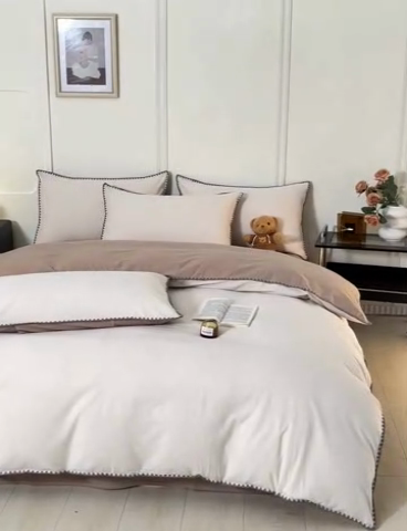 91家纺网 家纺一手货源 找家纺 吉象家纺 2024新款A类全棉色织水洗棉贝壳边三角针四件套    秘境奶咖