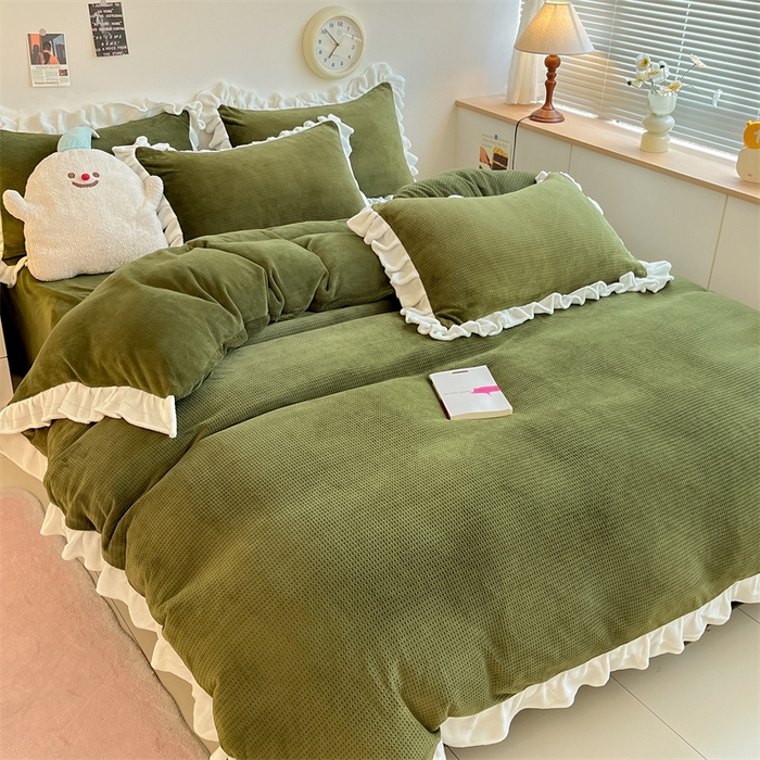 91家纺网 家纺一手货源 找家纺 星座家纺 2025新款华夫格花边款牛奶绒四件套 华夫格-橄榄绿