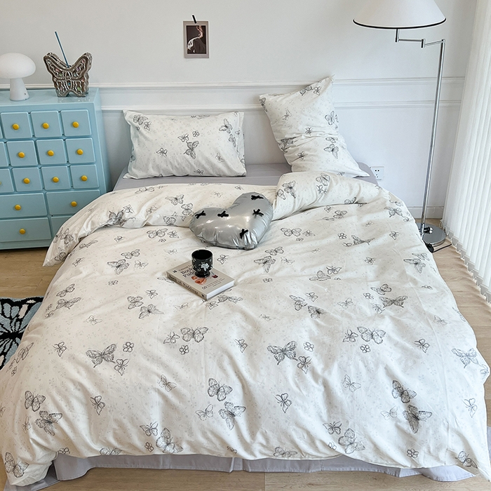 91家纺网 家纺一手货源 找家纺 昔可家纺 2024新款13372全棉亲肤四件套-小清新系列 素描蝴蝶