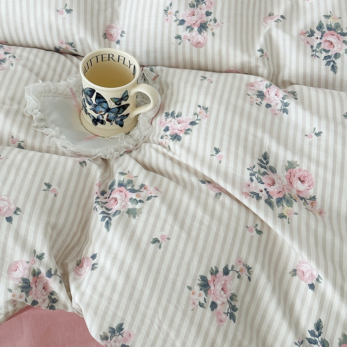 91家纺网 家纺一手货源 找家纺 昔可家纺 2024新款13372全棉亲肤四件套-复古系列 竖条春日玫瑰