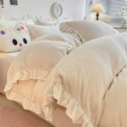 91家纺网 家纺一手货源 找家纺 星座家纺 2025新款华夫格花边款牛奶绒四件套 华夫格-纯白