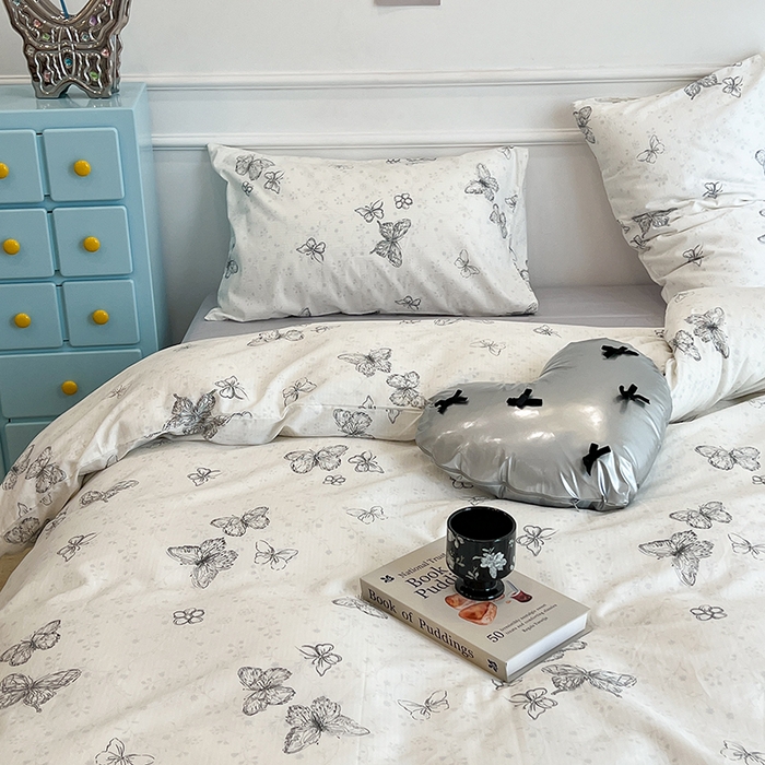 91家纺网 家纺一手货源 找家纺 昔可家纺 2024新款13372全棉亲肤四件套-小清新系列 素描蝴蝶