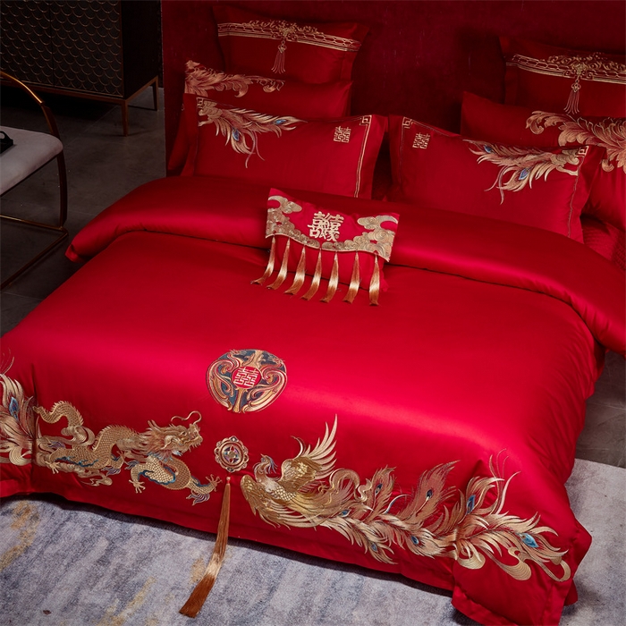 91家纺网 家纺一手货源 找家纺 宏羽纺家纺 2024新款13372纯棉婚庆套件系列 龙凤戏珠