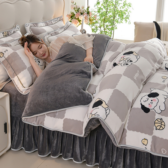 91家纺网 家纺一手货源 找家纺 羽梦2025新款8.5斤牛奶法莱绒金貂法兰绒四件套直播爆款 嗨皮狗