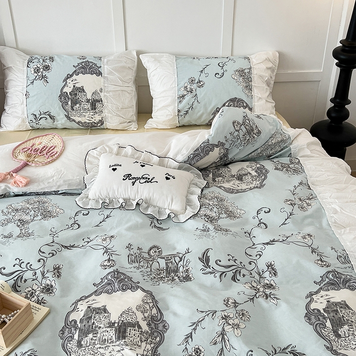 91家纺网 家纺一手货源 找家纺 昔可家纺 2024新款韩版花边工艺款轻奢四件套 复古城堡