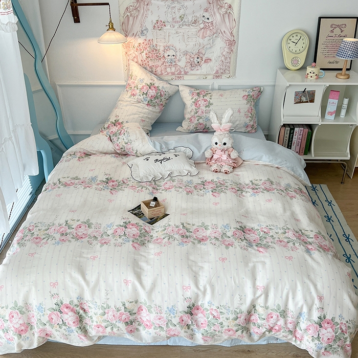 91家纺网 家纺一手货源 找家纺 昔可家纺 2024新款13070全棉四件套系列第二批 粉条爱心玫瑰