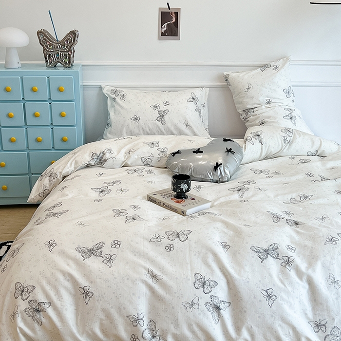 91家纺网 家纺一手货源 找家纺 昔可家纺 2024新款13372全棉亲肤四件套-小清新系列 素描蝴蝶