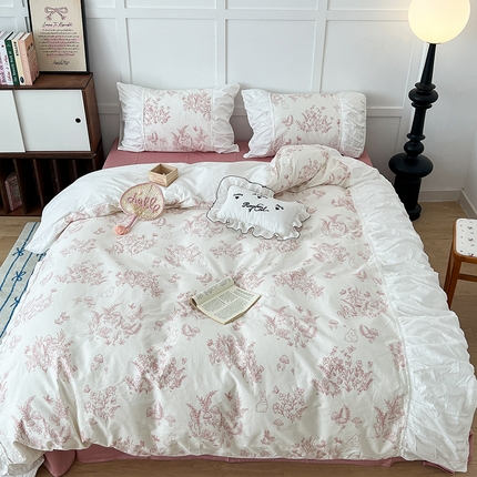 昔可家纺 2024新款韩版花边工艺款轻奢四件套 复古素描花边