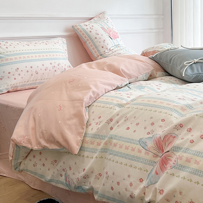 91家纺网 家纺一手货源 找家纺 昔可家纺 2024新款13372全棉亲肤四件套-小清新系列 粉色琉璃蝴蝶