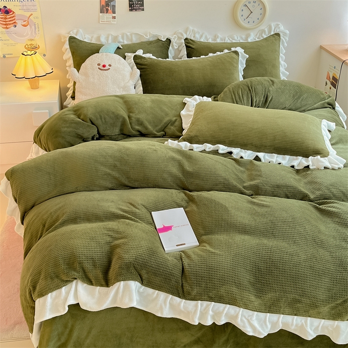 91家纺网 家纺一手货源 找家纺 星座家纺 2025新款华夫格花边款牛奶绒四件套 华夫格-橄榄绿