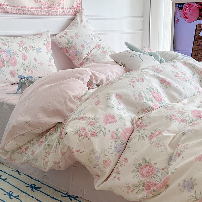 91家纺网 家纺一手货源 找家纺 昔可家纺 2024新款13372全棉亲肤四件套-小清新系列 芮蔓花园