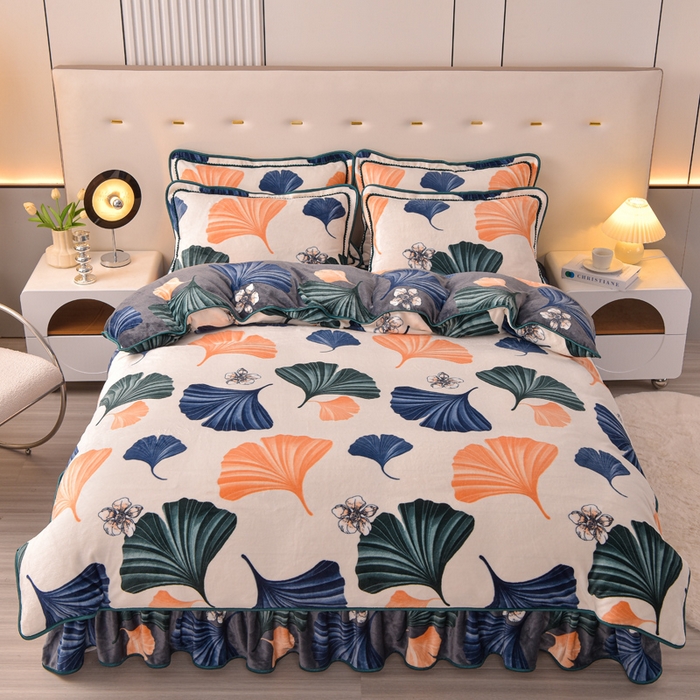 91家纺网 家纺一手货源 找家纺 绒宴 2025新款8.5斤牛奶绒金貂法莱绒床裙款保暖四件套 多彩有杏