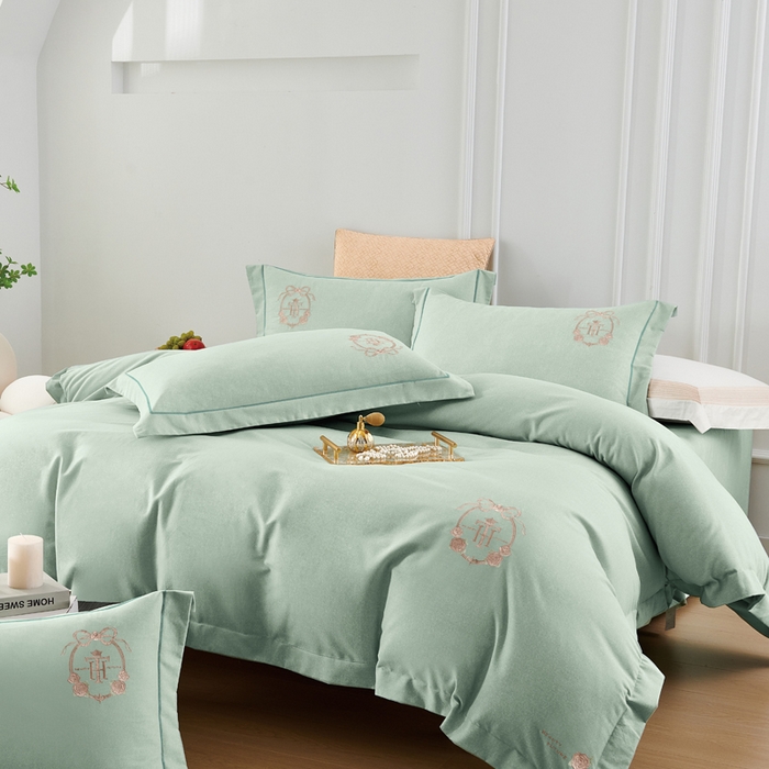91家纺网 家纺一手货源 找家纺 U品汇 2024新品生态加厚长绒棉纯棉绣花40S全棉磨毛刺绣四件套宽边款 梵诗迪-青翠绿