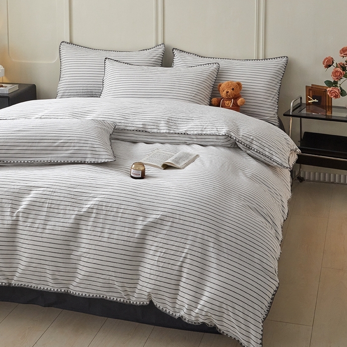 91家纺网 家纺一手货源 找家纺 吉象家纺 2024新款A类全棉色织水洗棉贝壳边三角针四件套    时光横条