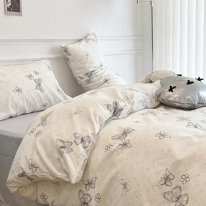 91家纺网 家纺一手货源 找家纺 昔可家纺 2024新款13372全棉亲肤四件套-小清新系列 素描蝴蝶