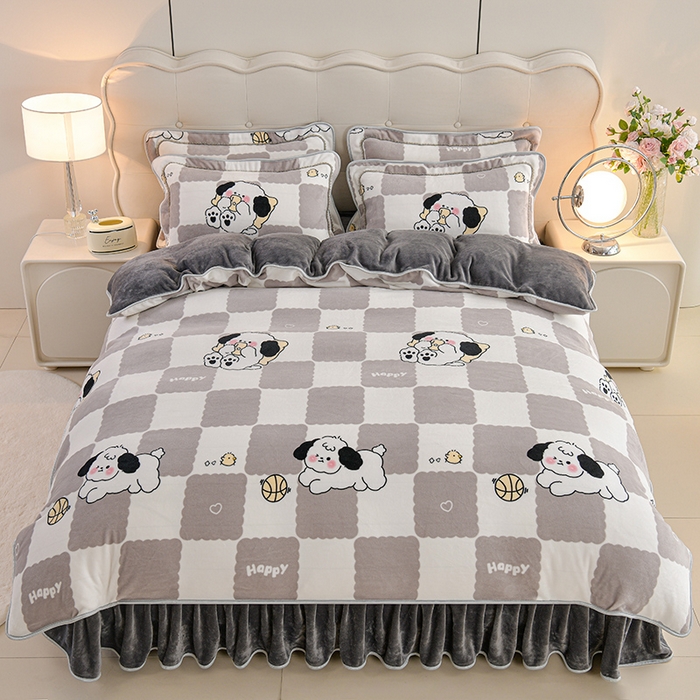 91家纺网 家纺一手货源 找家纺 羽梦2025新款8.5斤牛奶法莱绒金貂法兰绒四件套直播爆款 嗨皮狗